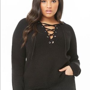 FOREVER21 Black Lace-up Hooded Sweater- Size 2X